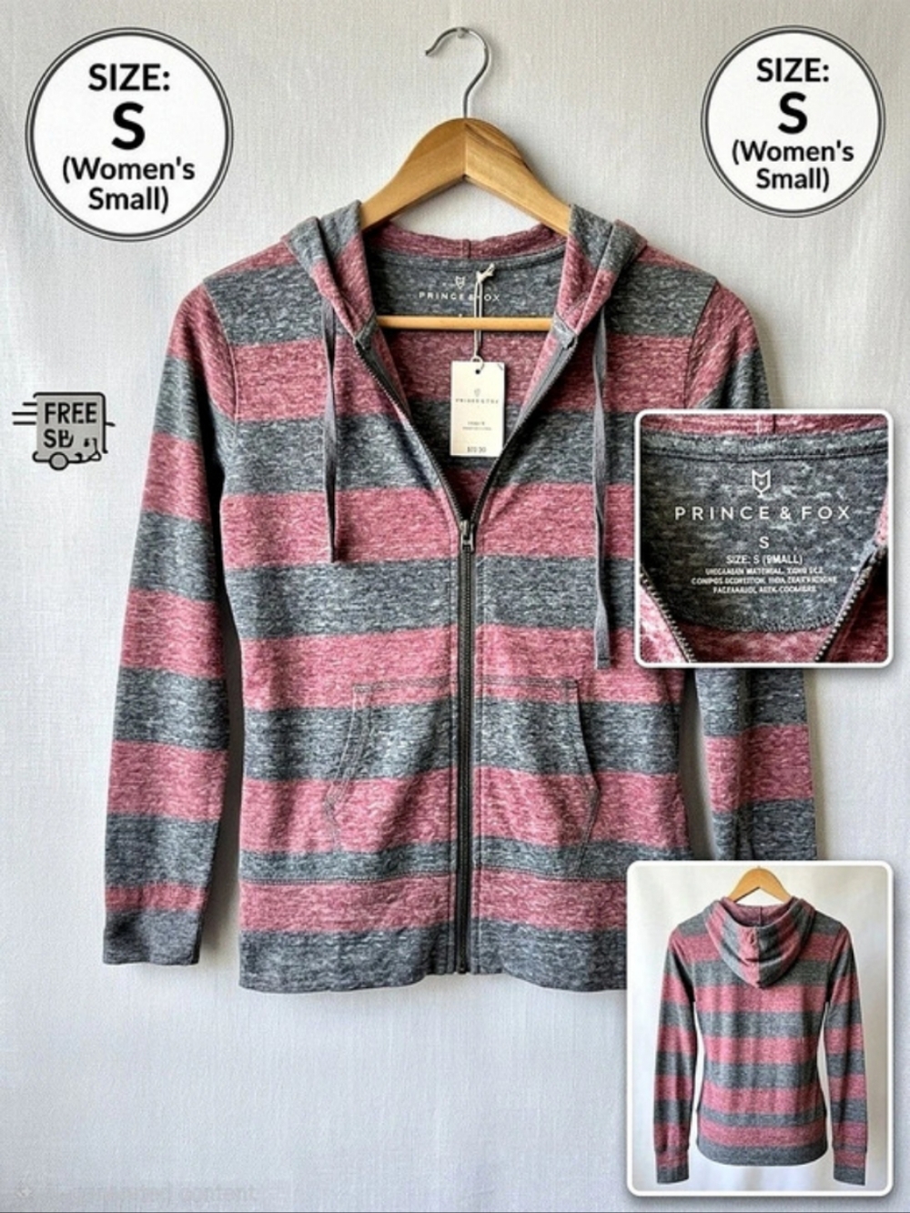 Prince & Fox Striped Zip Hoodie in Gray & Pink Size Small NWT